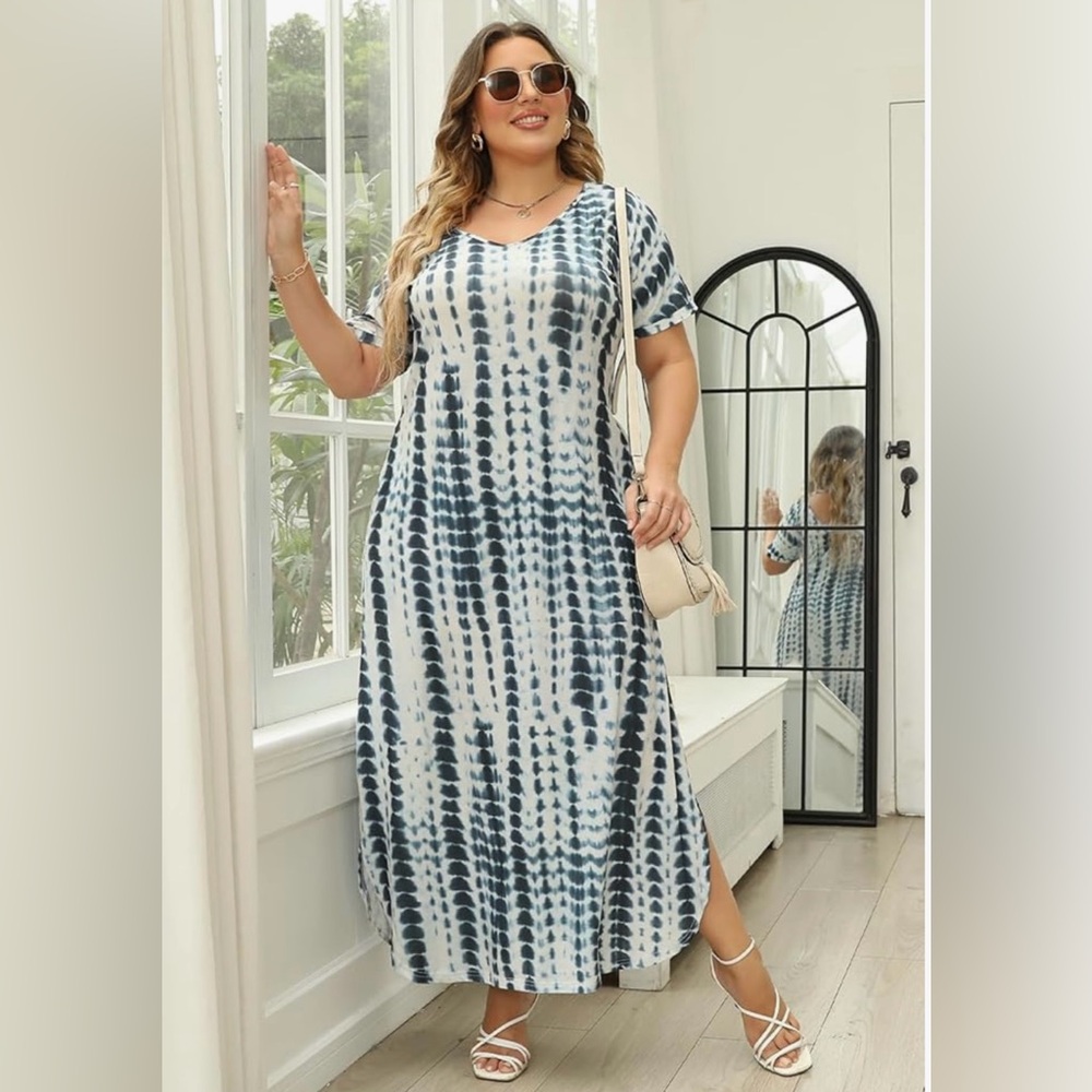 Nemidor plus size blue and white tie dye dress with pockets size 20